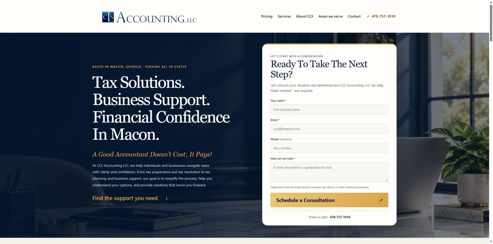 CLS Accounting website: a navy and gold design with a clear consultation form