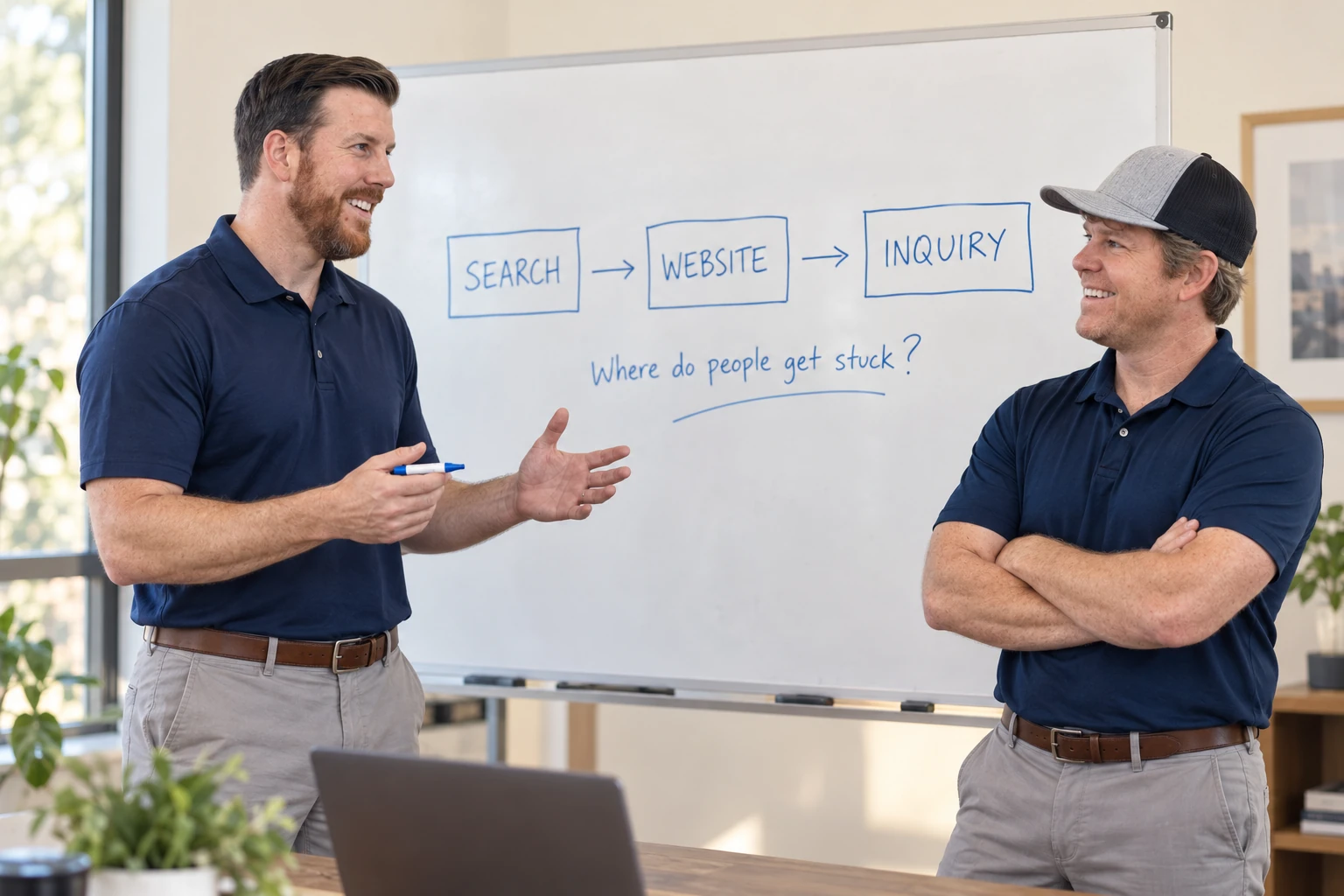 Illustration of Steven and Cole discussing search, websites and inquiries at a whiteboard