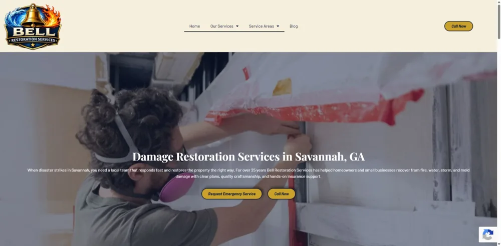 Bell Restoration website with a restoration project photograph and emergency service call to action